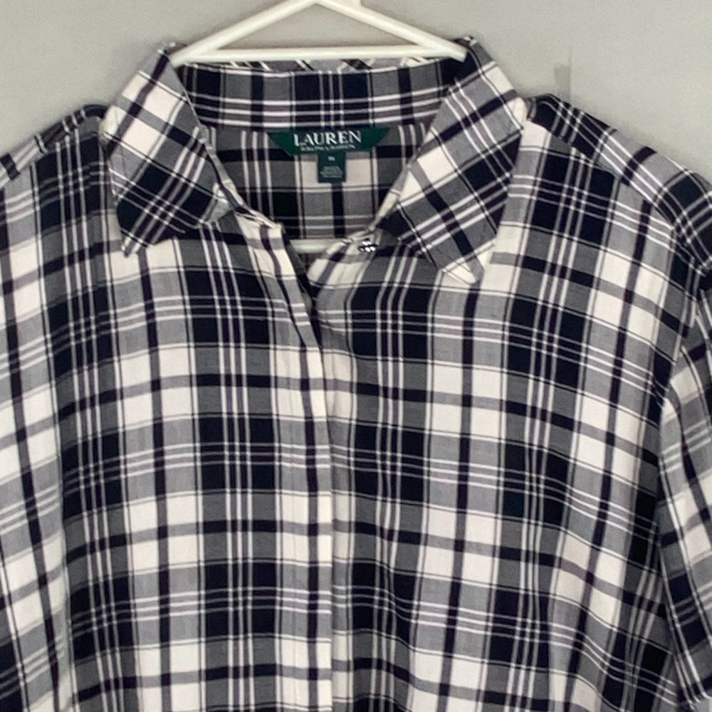 Lauren Ralph Lauren Plaid Blouse Womens SZ M‎ Bell Sleeve Black White Preppy - Picture 2 of 15